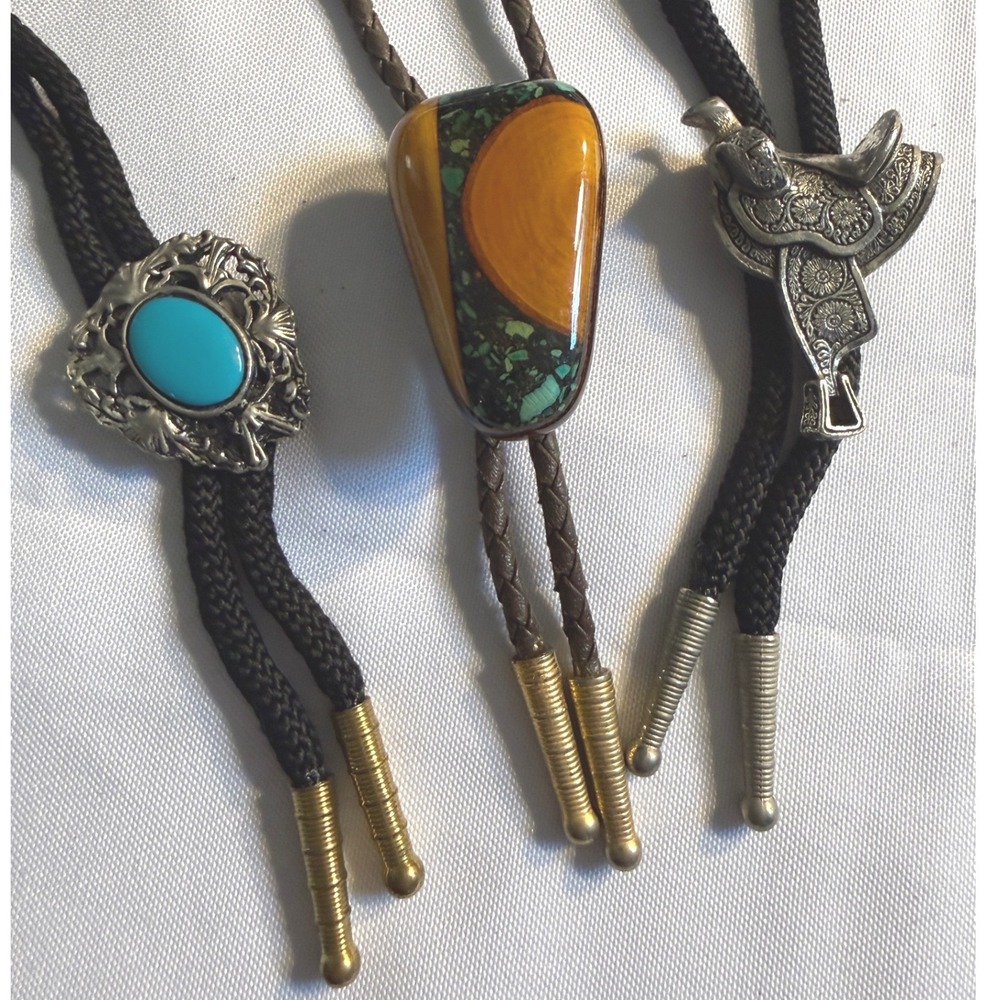 Vintage Western Bolo Tie Set Turquoise Saddle Inlay Stone Lot of 3